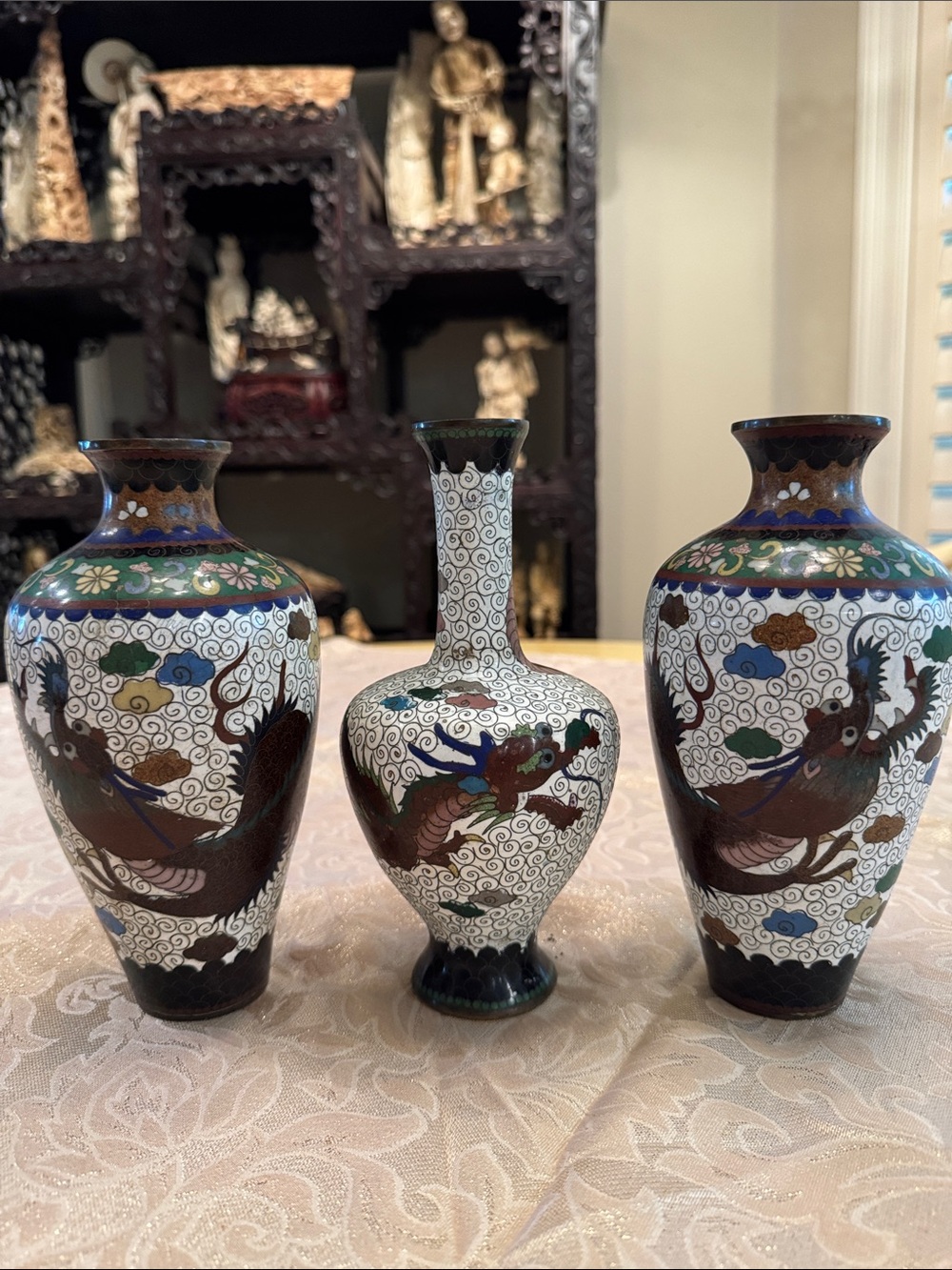 Set of 3 Antique Cloisonné Dragon Vases AS-IS